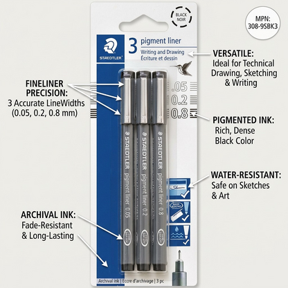 Ecommerce feature graphic for STAEDTLER Pigment Liner 308-9SBK3 with callouts for tips and ink properties.