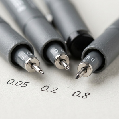An extreme close-up photograph showcasing the fine fiber tips of three Staedtler pigment liners, emphasizing their distinct thicknesses (0.05mm, 0.2mm, and 0.8mm) against a neutral background.