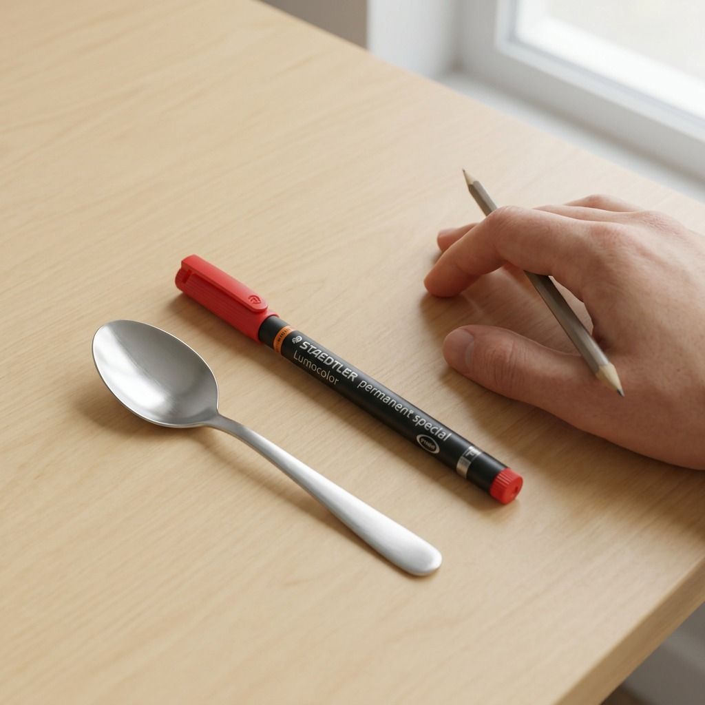 STAEDTLER Lumocolor Special Fine marker shown at an angle on a wood desk next to a metal coffee spoon for scale reference. The marker has a dark barrel and a red cap, matching its red ink. A hand is about to grasp the marker. Natural light.