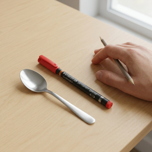 STAEDTLER Lumocolor Special Fine marker shown at an angle on a wood desk next to a metal coffee spoon for scale reference. The marker has a dark barrel and a red cap, matching its red ink. A hand is about to grasp the marker. Natural light.