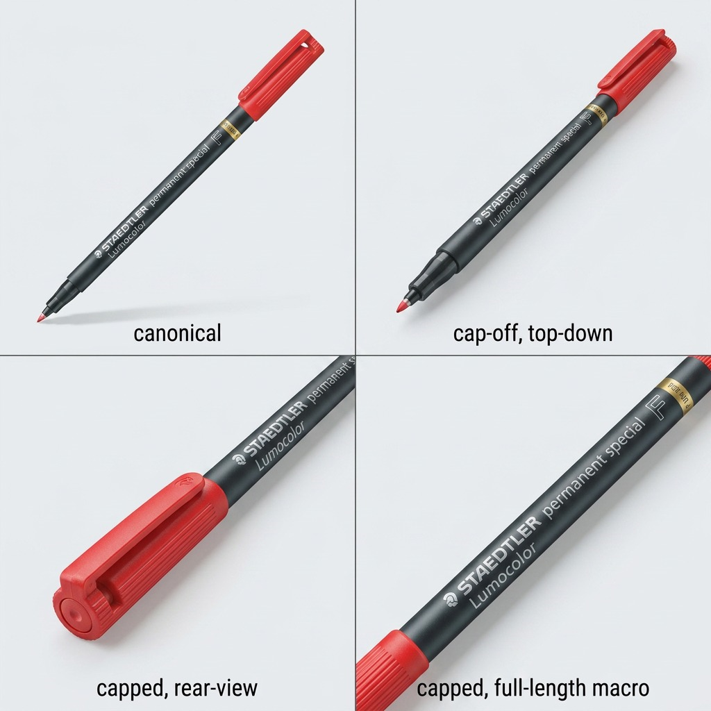 A premium 2x2 ecommerce grid matrix displaying the STAEDTLER permanent special marker from four different viewing angles.