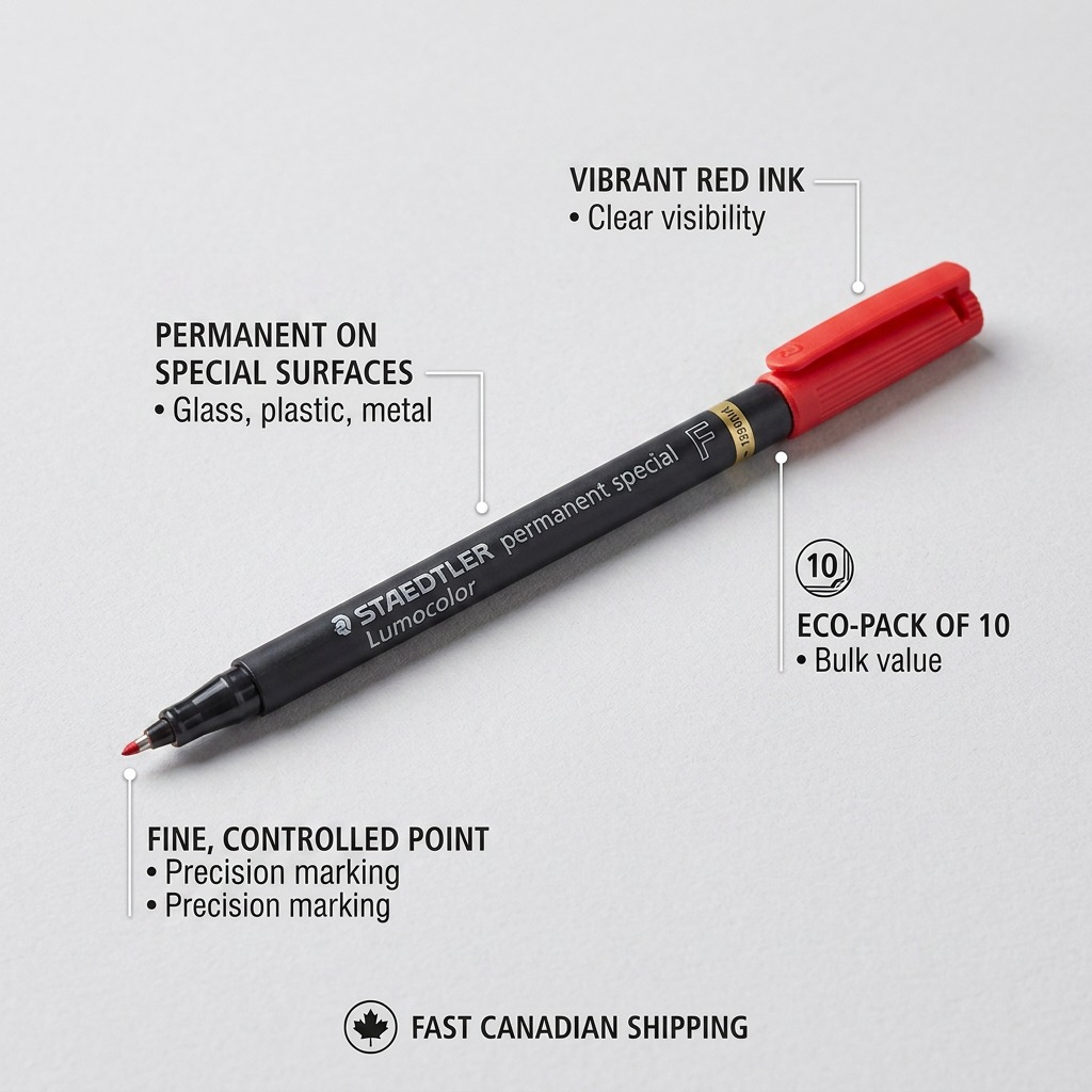 STAEDTLER Lumocolor permanent special marker callout graphic detailing features like surface versatility, point precision, and bulk packaging.