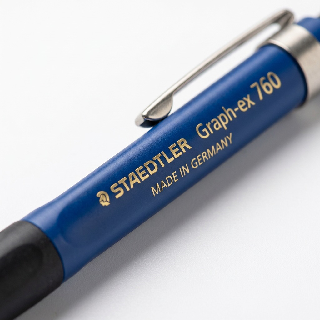 Macro photograph of the blue barrel on a STAEDTLER pencil showing precise branding.