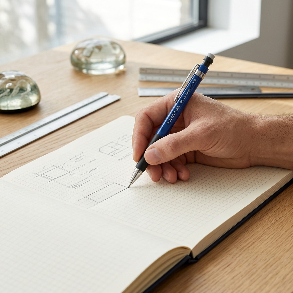 Hand holds and uses the STAEDTLER mechanical pencil to sketch architectural plans.