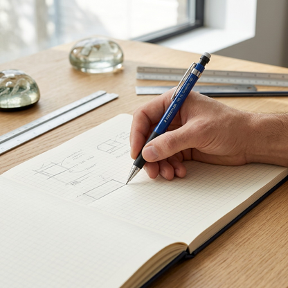 Hand holds and uses the STAEDTLER mechanical pencil to sketch architectural plans.