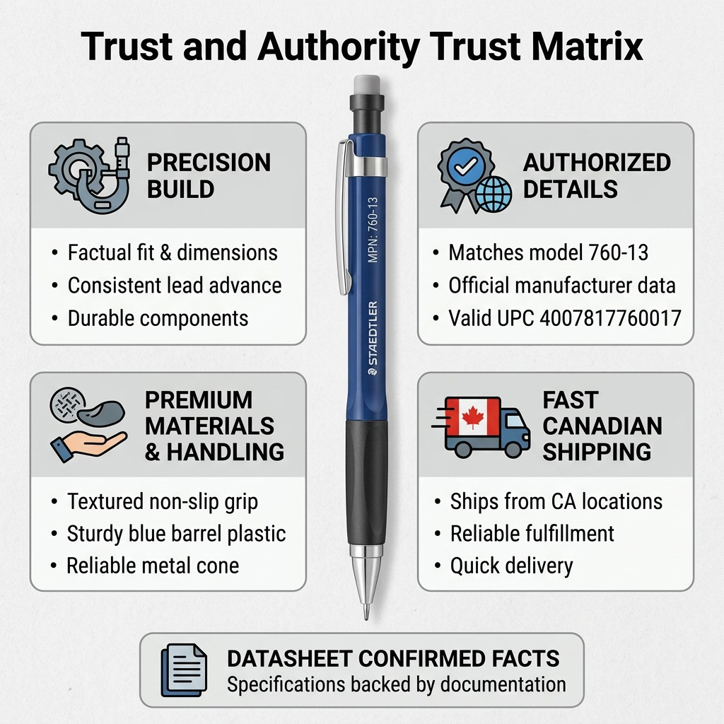 TA Matrix: A blue and grey infographic featuring the STAEDTLER mechanical pencil with build quality, manufacturer details, and shipping facts.