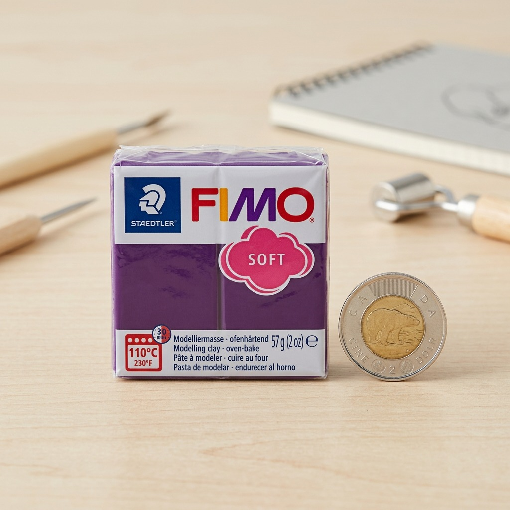 A 3/4 view photograph of the Fimo Soft Plum block next to a standard Canadian 2-dollar coin and a mechanical pencil.