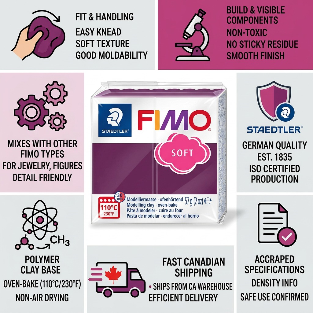 A product trust infographic for Staedtler Fimo Soft Plum modeling clay, featuring the product, reliability icons, and Canadian shipping.