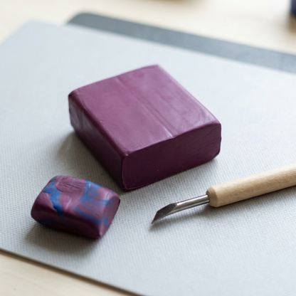 A photograph shows an unwrapped Fimo Soft Plum modeling clay block beside partially blended purple and blue clay with shaping tools.