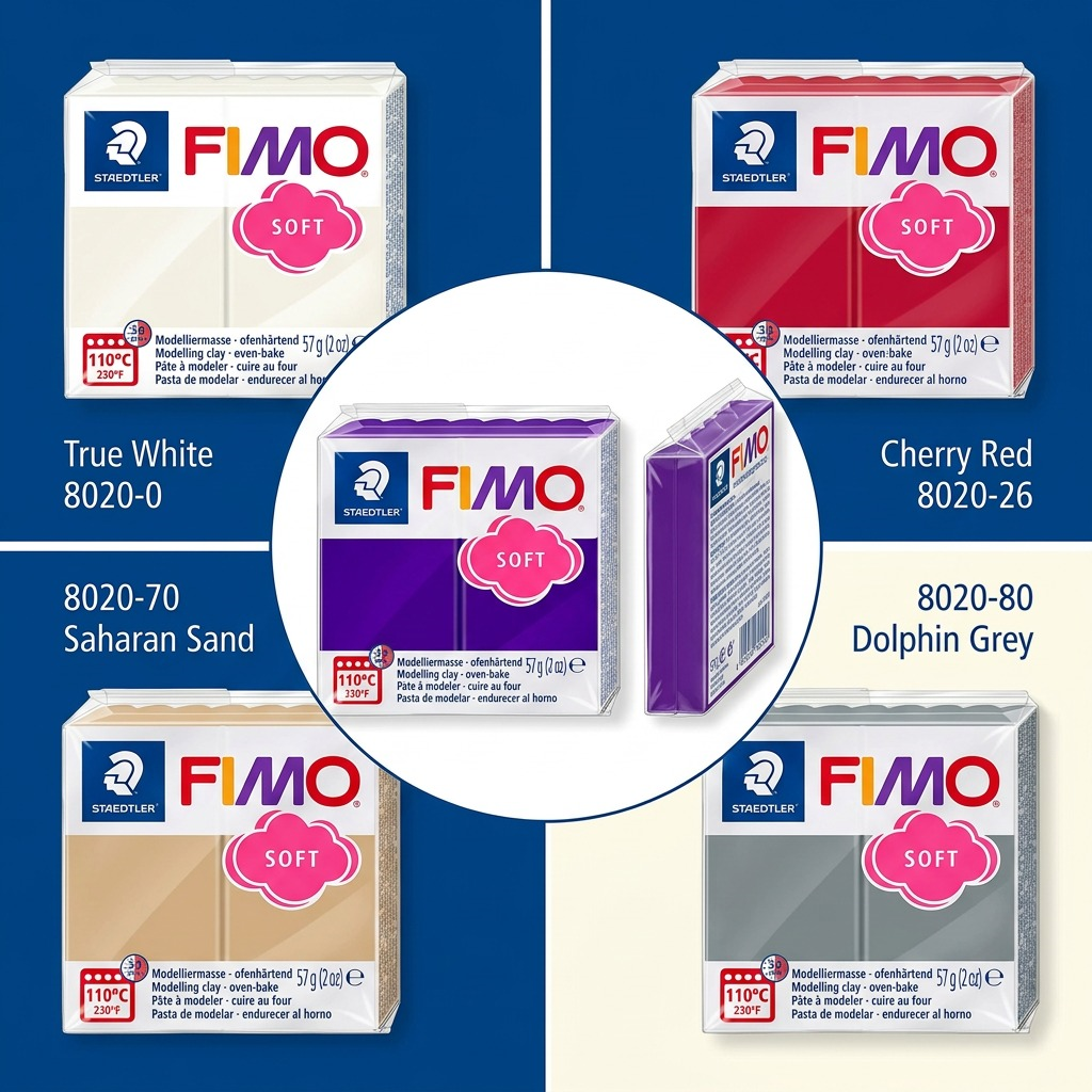 Multi-panel visual grid showcasing real variations (e.g., True White, Cherry Red) of STAEDTLER Fimo Soft modelling clay, all based on the template from image_0.png.