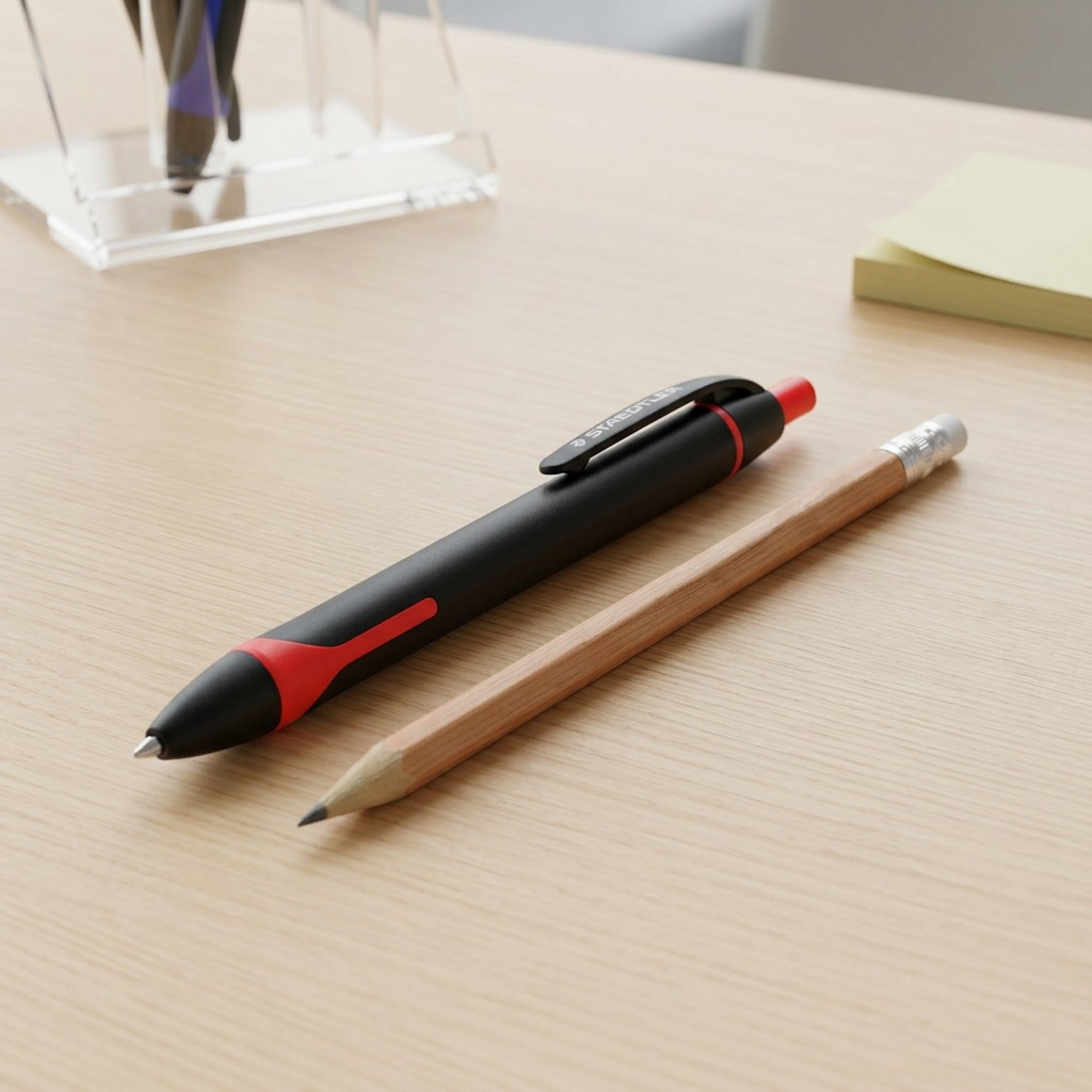 A photo of the STAEDTLER pen beside a standard wooden pencil for scale.