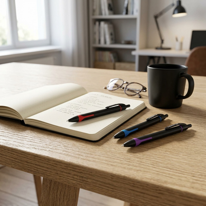 STAEDTLER gel 4670 RT pens on a desk next to an open bullet journal.