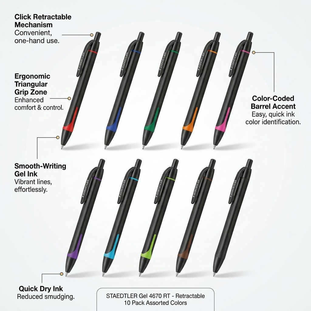 A diagram shows STAEDTLER retractable gel pens with callouts highlighting operational features and benefits.
