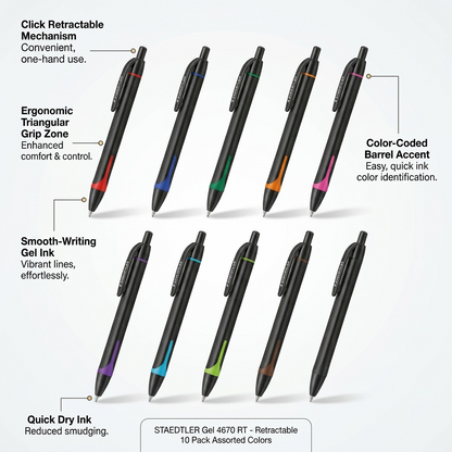 A diagram shows STAEDTLER retractable gel pens with callouts highlighting operational features and benefits.