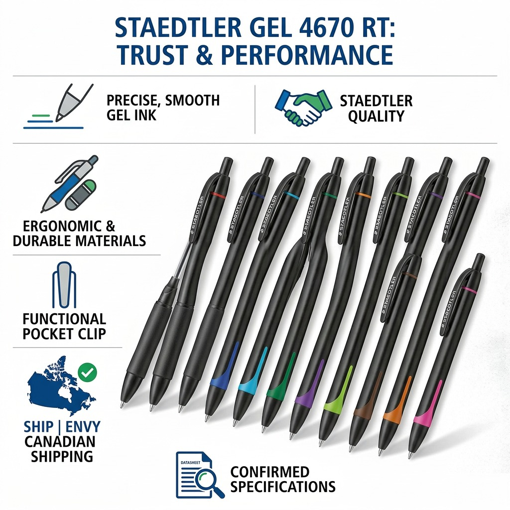An infographic matrix image for STAEDTLER gel 4670 RT pens, with detailed product visuals, icons for ink quality, manufacturing, and Canadian shipping.