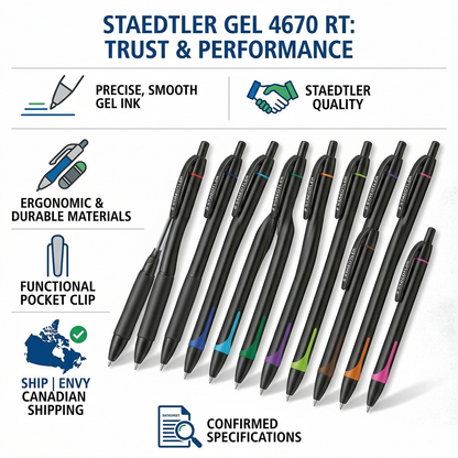 An infographic matrix image for STAEDTLER gel 4670 RT pens, with detailed product visuals, icons for ink quality, manufacturing, and Canadian shipping.