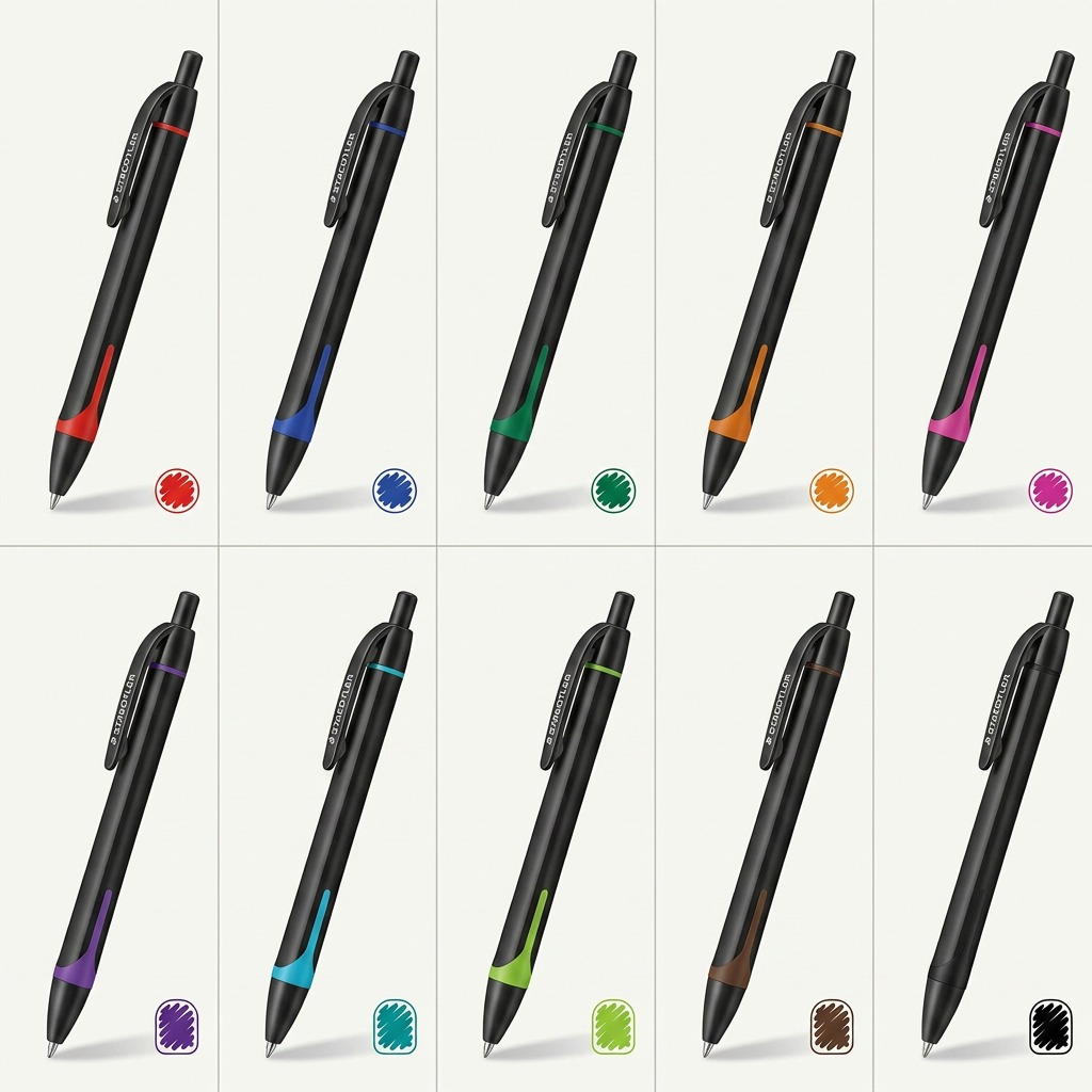 An e-commerce variant matrix image displaying all ten color configurations of the STAEDTLER gel 4670 RT pens in a clean grid.