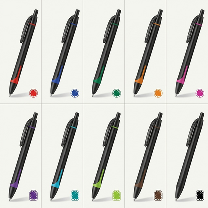 An e-commerce variant matrix image displaying all ten color configurations of the STAEDTLER gel 4670 RT pens in a clean grid.