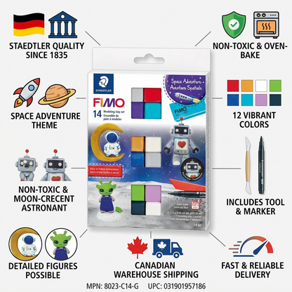Trust infographic for STAEDTLER Fimo Soft Galaxy set, showcasing product details, Canadian shipping, and high quality with icons.