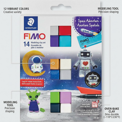 A clean ecommerce graphic showcasing a FIMO Soft Galaxy modelling clay set, using subtle lines to highlight its key components and features.