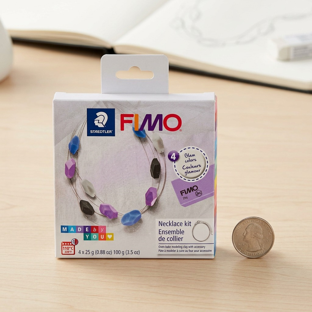 STAEDTLER Fimo DIY Necklace kit alongside a U.S. quarter for scale on a light wood desk.