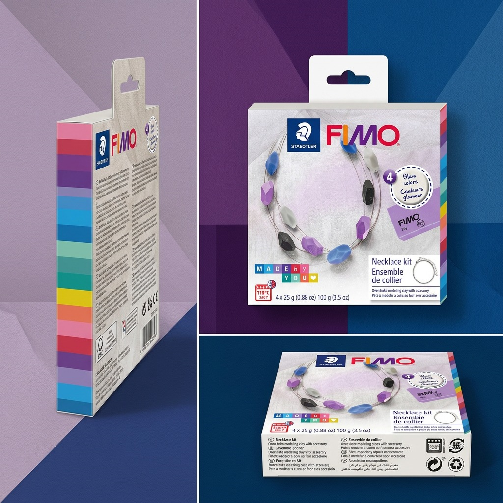 A clean product matrix image showing the FIMO necklace kit variant packaging in sequential configurations.