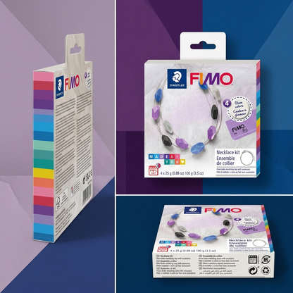 A clean product matrix image showing the FIMO necklace kit variant packaging in sequential configurations.