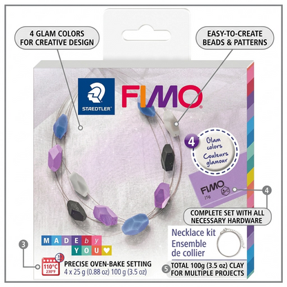 A PDP operational features image for the STAEDTLER Fimo DIY Necklace Set, highlighting clay colors, baking specs, and completeness with pointer lines.