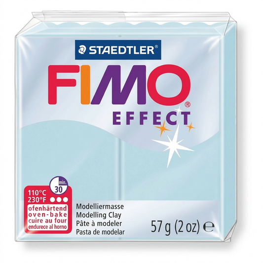 Pure high-resolution hero shot of a block of STAEDTLER Fimo Effect polymer modeling clay in blue ice quartz color, 57g (2 oz), wrapped in its original clear plastic packaging.