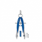 A high-resolution, centered view of the STAEDTLER Mars 556 comfort geometry compass, removed from its initial packaging. The two metallic and blue-plastic arms converge into a polished steel pivot with the signature central wheel and rod. All components, from the point to the lead holder, are shown against a pure white background with a subtle, realistic shadow.