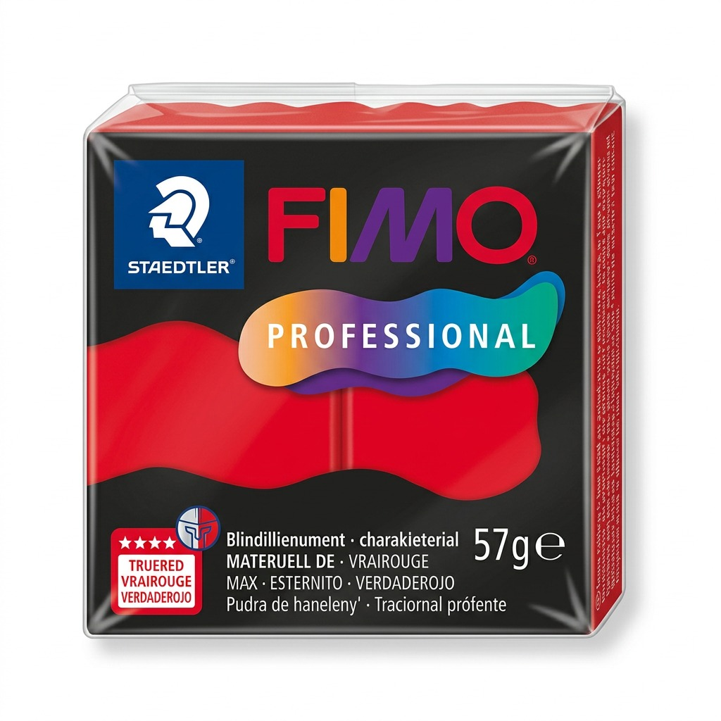 A high-resolution, centered view of the STAEDTLER Fimo Professional True Red 57g (2 oz) polymer clay block (MPN: 8040-200), featuring sharp edges and true color, resting on a pure white background with a subtle, soft shadow. Multi-language text including "PROFESSIONAL", "TRUERED" (English), "VRAIROUGE" (French), "VERDADEROROJO" (Spanish), and the 57ge (2 oz) weight is visible on the product.