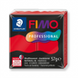 A high-resolution, centered view of the STAEDTLER Fimo Professional True Red 57g (2 oz) polymer clay block (MPN: 8040-200), featuring sharp edges and true color, resting on a pure white background with a subtle, soft shadow. Multi-language text including "PROFESSIONAL", "TRUERED" (English), "VRAIROUGE" (French), "VERDADEROROJO" (Spanish), and the 57ge (2 oz) weight is visible on the product.