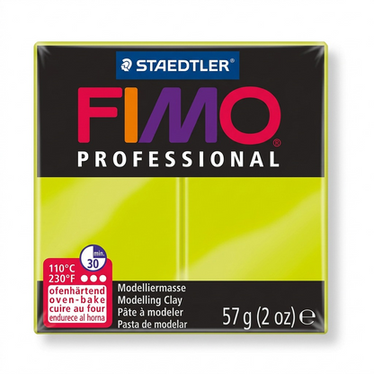 A 3/4 front view of a pure yellow-green block of STAEDTLER FIMO Professional polymer clay (57g or 2 oz), showing its smooth texture and square shape against a pure white background.