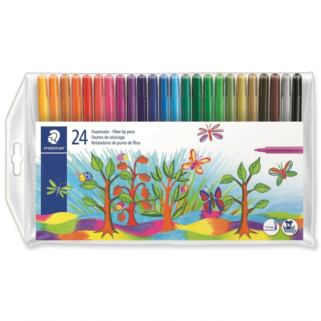Hero shot of the STAEDTLER 24-piece fibre-tip pen set in its transparent wallet, against white.