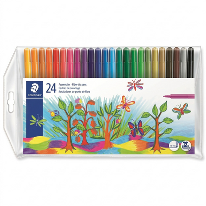 Hero shot of the STAEDTLER 24-piece fibre-tip pen set in its transparent wallet, against white.