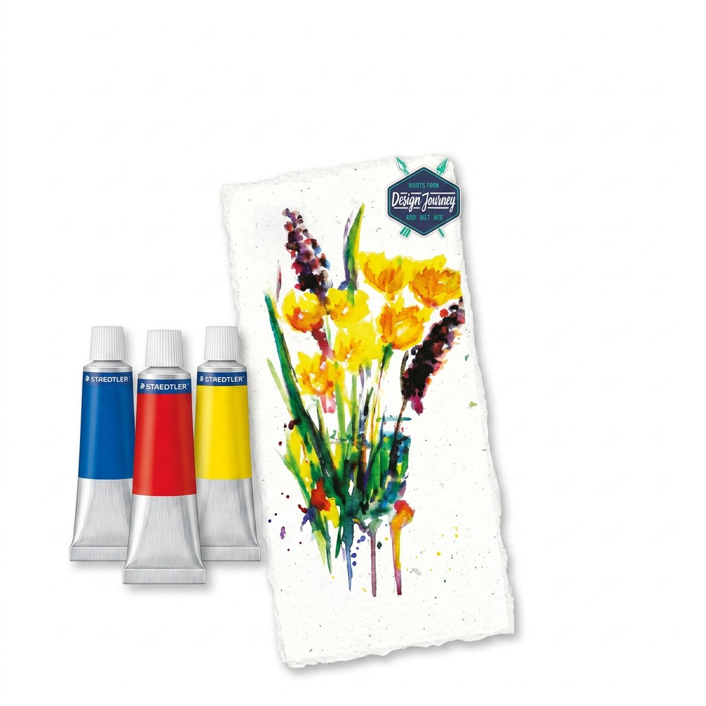 A pure, high-resolution hero shot of the STAEDTLER 8500-C12-02 acrylic paint set and three sample tubes, centered against a clean white background with a soft shadow.