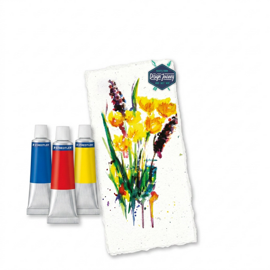 A pure, high-resolution hero shot of the STAEDTLER 8500-C12-02 acrylic paint set and three sample tubes, centered against a clean white background with a soft shadow.