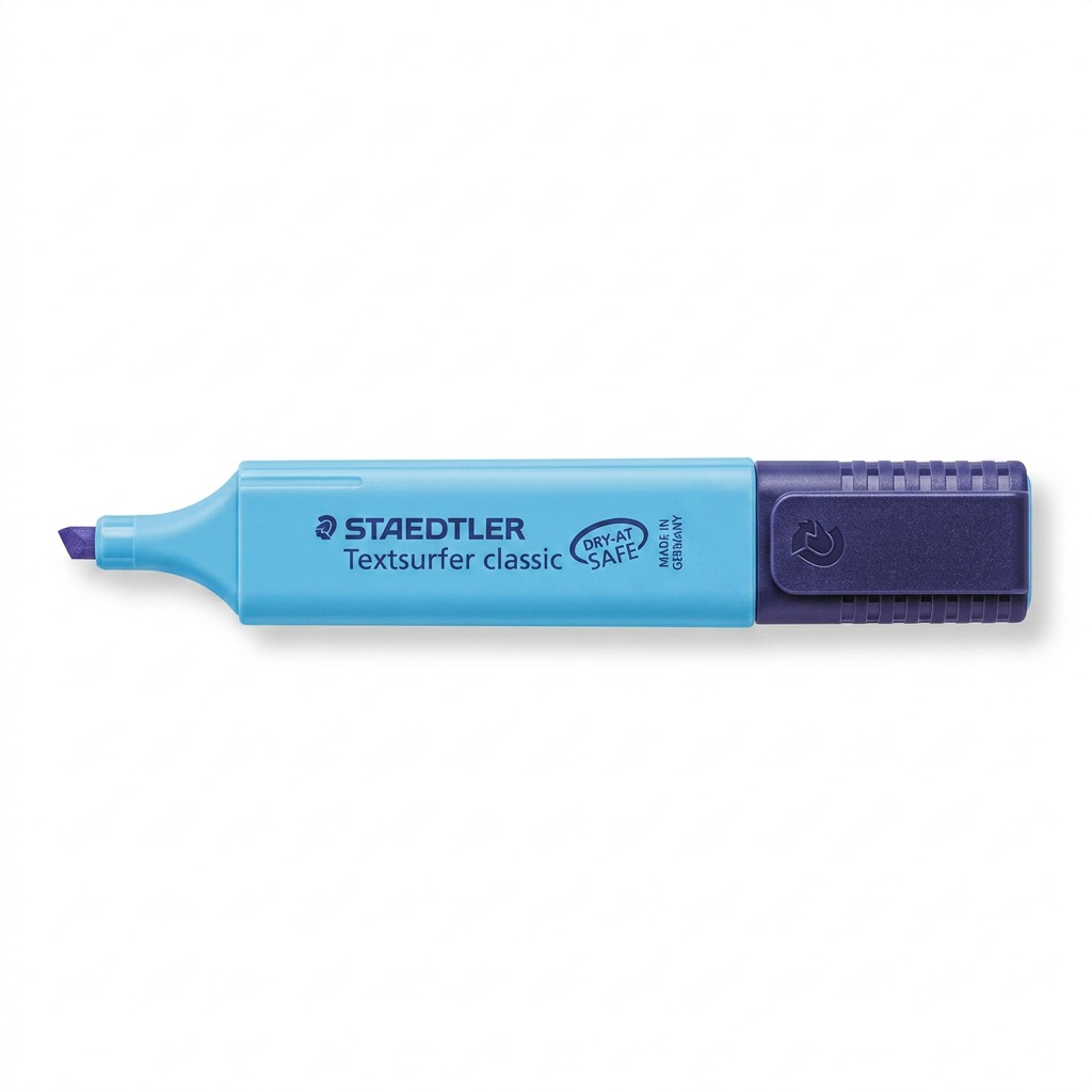A crisp high-resolution hero image of the unique light blue STAEDTLER Textsurfer classic fluro blue highlighter, with its purple chiseled tip, resting in a minimalist setting with a gentle shadow. The distinctive STAEDTLER branding on the body and the STAEDTLER logo embossed on the purple tip remain intact. The background is a clean white to emphasize the product.