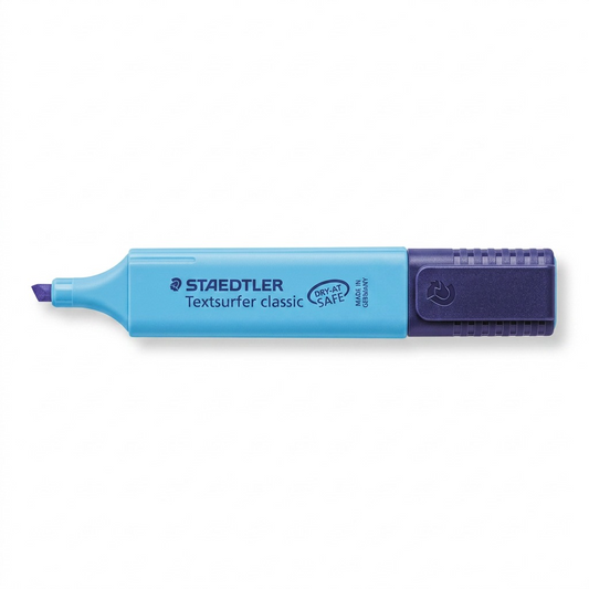 A crisp high-resolution hero image of the unique light blue STAEDTLER Textsurfer classic fluro blue highlighter, with its purple chiseled tip, resting in a minimalist setting with a gentle shadow. The distinctive STAEDTLER branding on the body and the STAEDTLER logo embossed on the purple tip remain intact. The background is a clean white to emphasize the product.