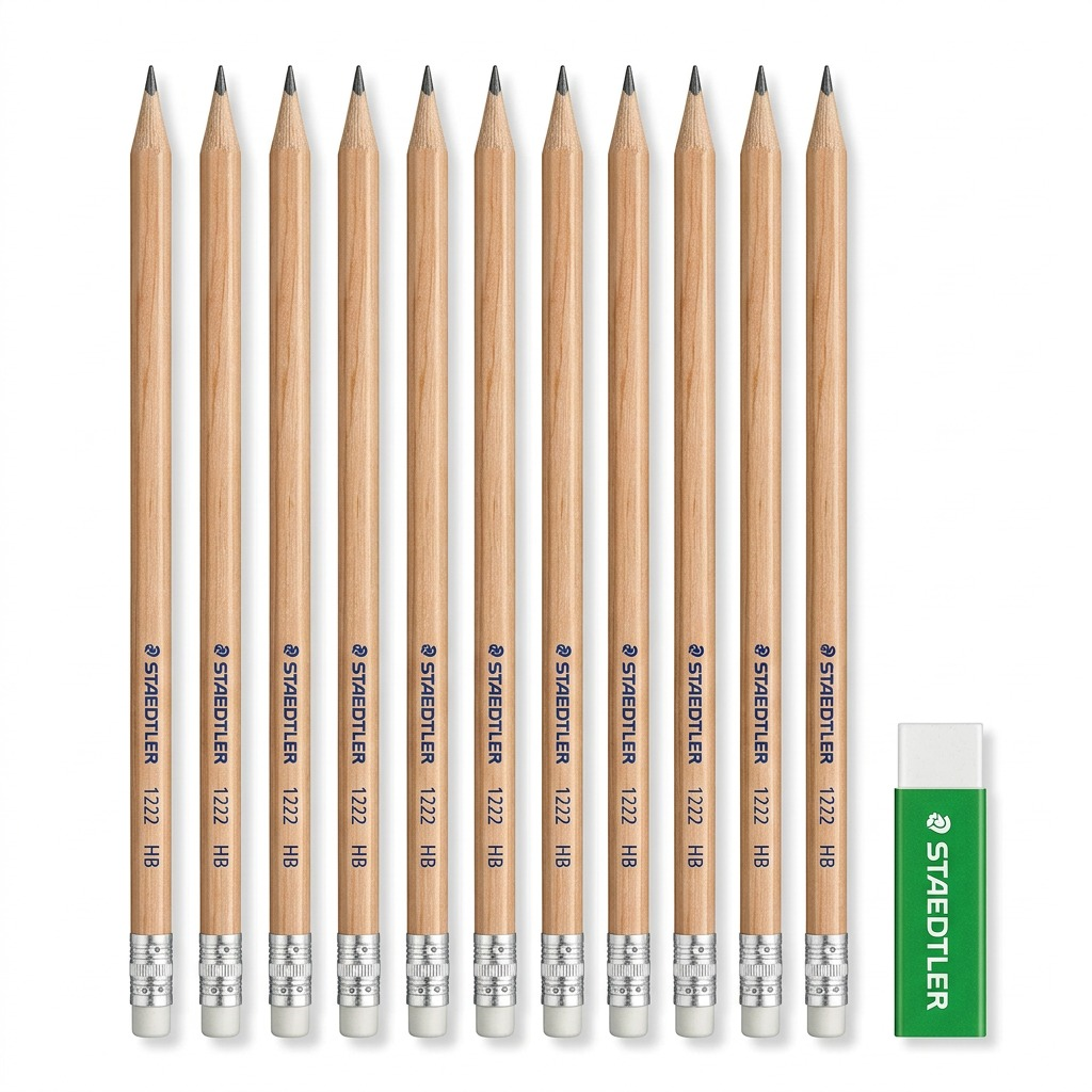 A group of ten STAEDTLER HB pencils and a green eraser isolated on a white background.