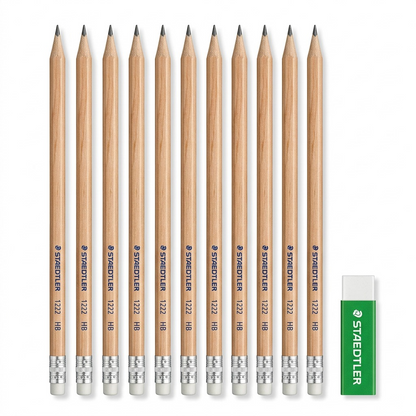 A group of ten STAEDTLER HB pencils and a green eraser isolated on a white background.