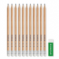 A group of ten STAEDTLER HB pencils and a green eraser isolated on a white background.