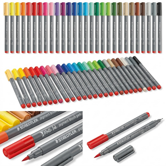A set of three high-resolution images: the full 36-pen collection, a focused overview of tips and color range, and a macro shot highlighting the brush and fineliner options.