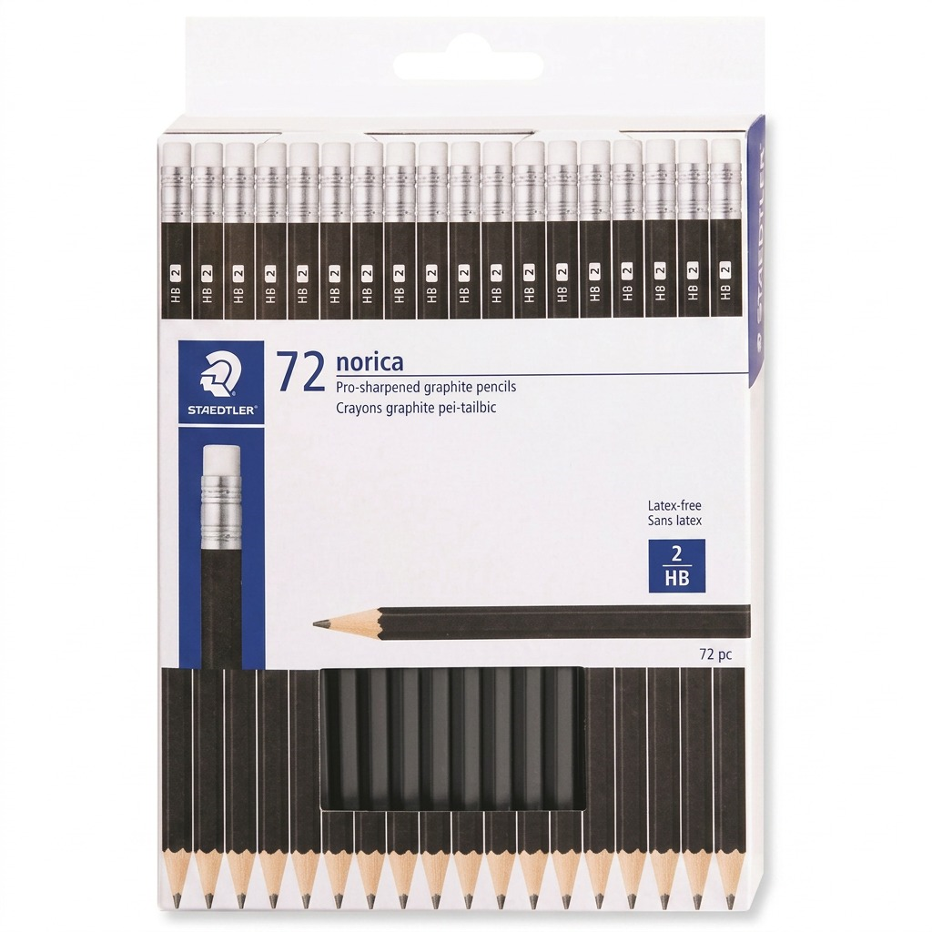 A front view hero shot of a STAEDTLER Norica display pack containing 72 pre-sharpened black HB pencils, on a pure white background.