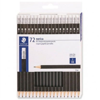 A front view hero shot of a STAEDTLER Norica display pack containing 72 pre-sharpened black HB pencils, on a pure white background.