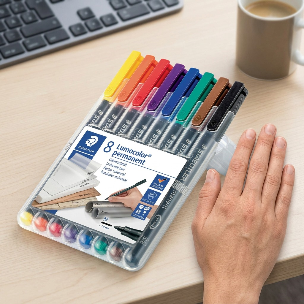 A photograph of the STAEDTLER marker set on a clean desk next to a human hand for scale comparison.