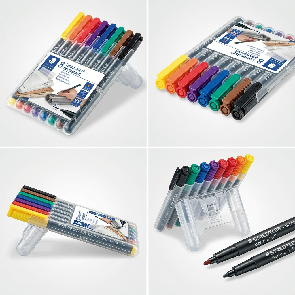 A professional 2x2 grid showing the STAEDTLER Lumocolor permanent marker set from four different angles.