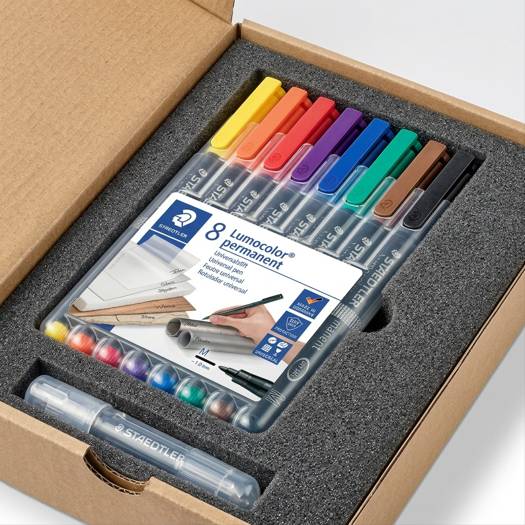 A premium unboxing view of the STAEDTLER Lumocolor set, nestled in form-fitting foam padding for protection.