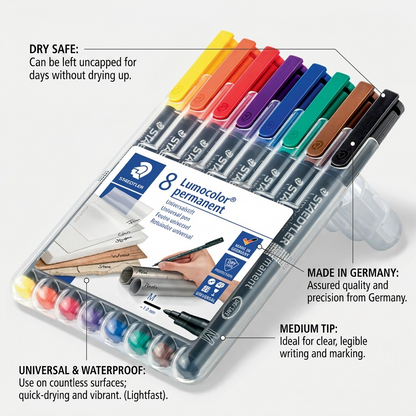An educational graphic detailing the features of the 8-pack STAEDTLER permanent marker set.