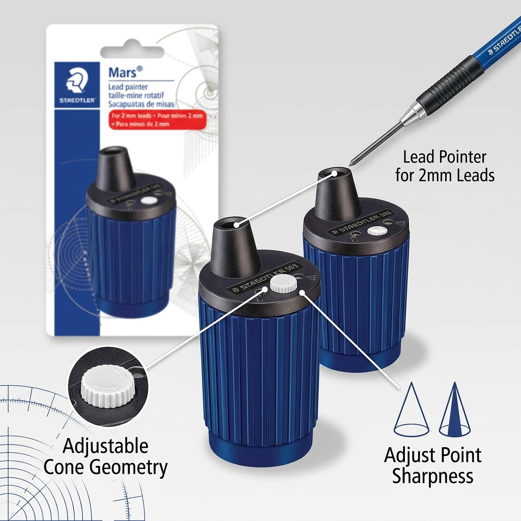 A graphic showing the STAEDTLER lead pointer with callouts for use and sharpness settings.